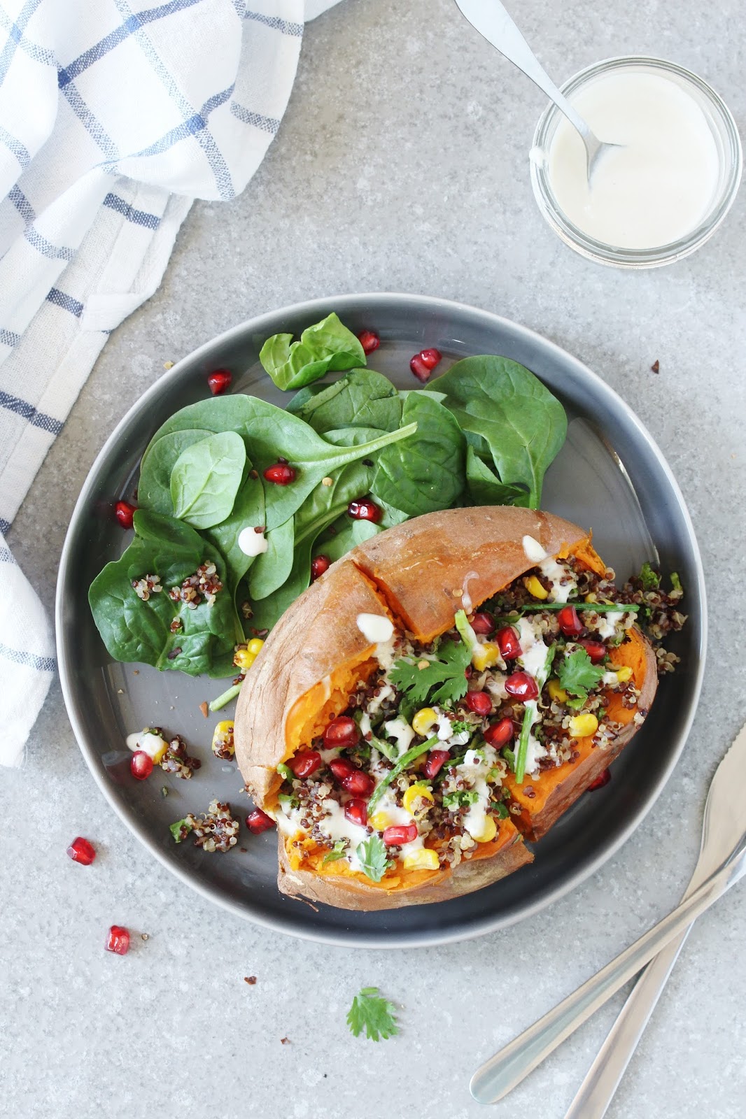 Beela Bakes Quinoa Stuffed Sweet Potato with Tahini Labneh Dressing