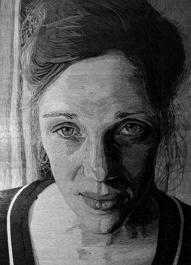 U.K. based artist Jamie Poole creates large scale portraits using strips of paper cut from poems and pieced together with painstaking precision. For his latest project Jamie used love letters and poems that his fiancé wrote to him over the last 2 years to create this incredible life-like self portrait. Jamie says of his work, "As text is layered the words, lines and phrases are repeated and embedded into the work creating a unifying physicality."