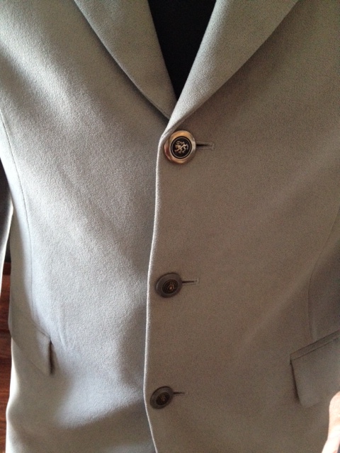 Button on Grey suede jacket, new button trend, mixed buttons, awesome grey jacket