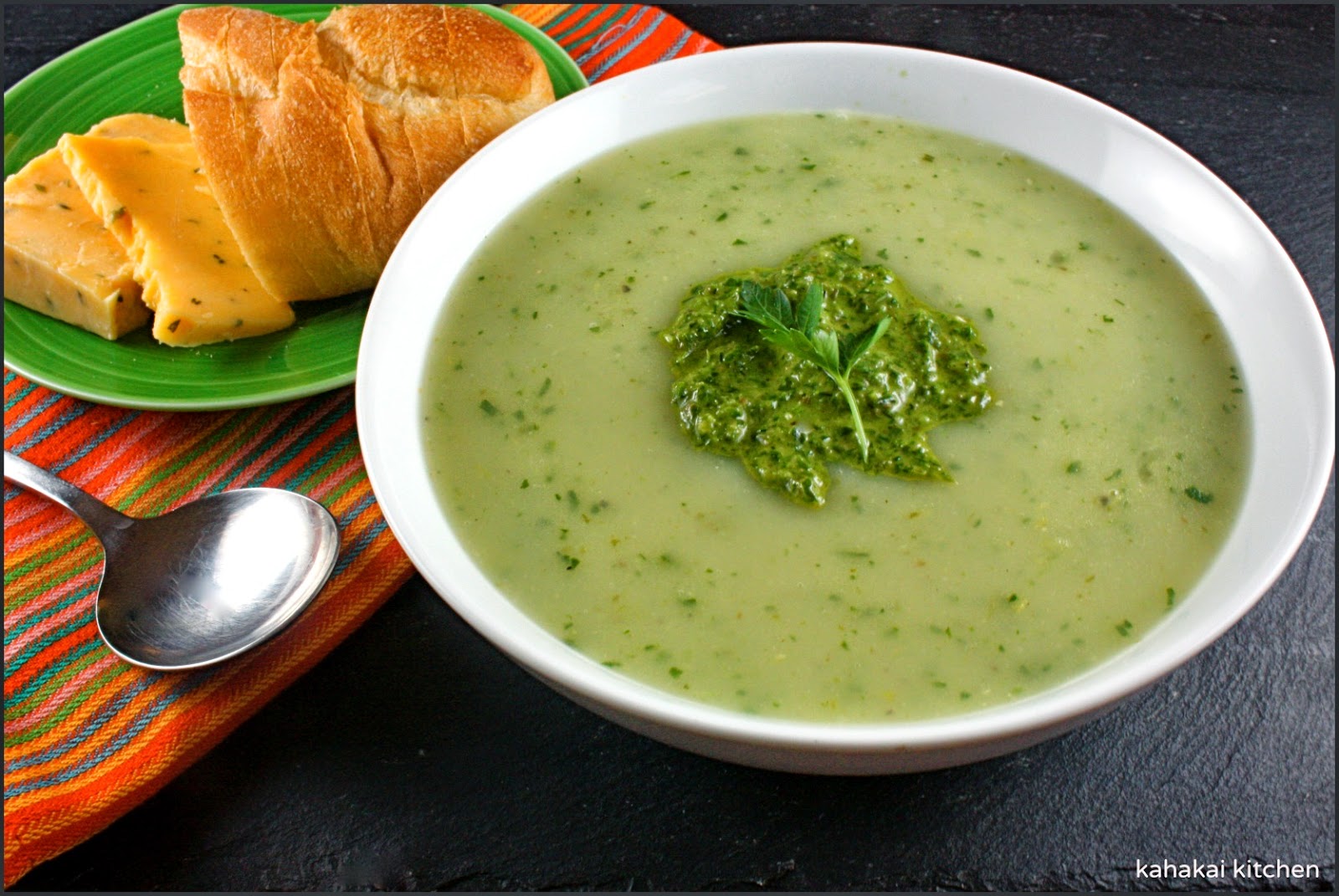 Kahakai Kitchen Potato and Parsley Soup with HerbCaper Pesto Storm