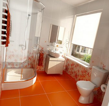 Kamar mandi orange, kamar mandi minimalis, kamar mandi berkonsep jingga, warna orange pada kamar mandi,