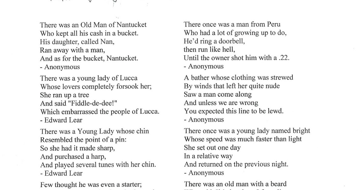 Limericks researched by my student as part of the assignment | Mind