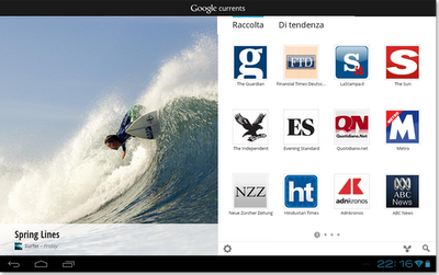 Landing page di Google Currents con i loghi delle testate giornalistiche.