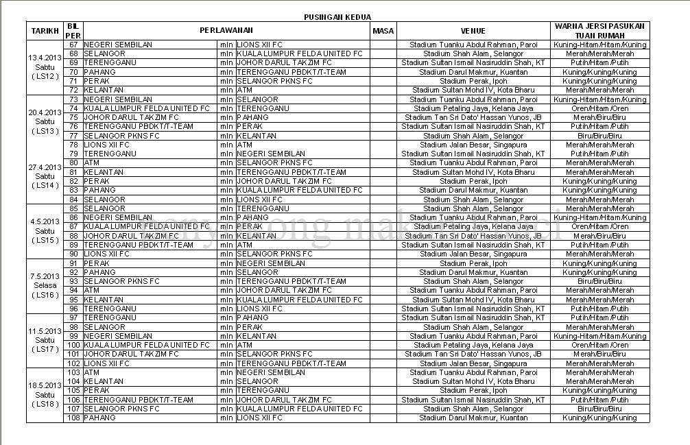 JADUAL LIGA SUPER MALAYSIA 2013