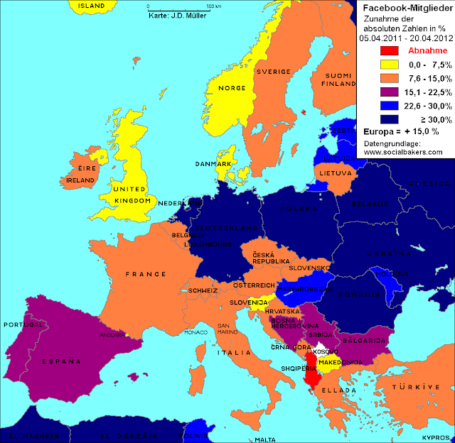 Wachstum von Facebook 2011 bis 2012 Karte, map, carte, Europa, Europe, Facebook accounts, Facebook growth, Facebookkonten, Sättigungsgrenze