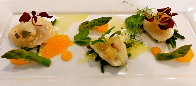 Scallop ceviche, asparagus, samphire, tarragon and crab salad, tangerine vinaigrette