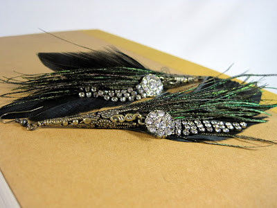 Peacock feather and vintage rhinestone earrings