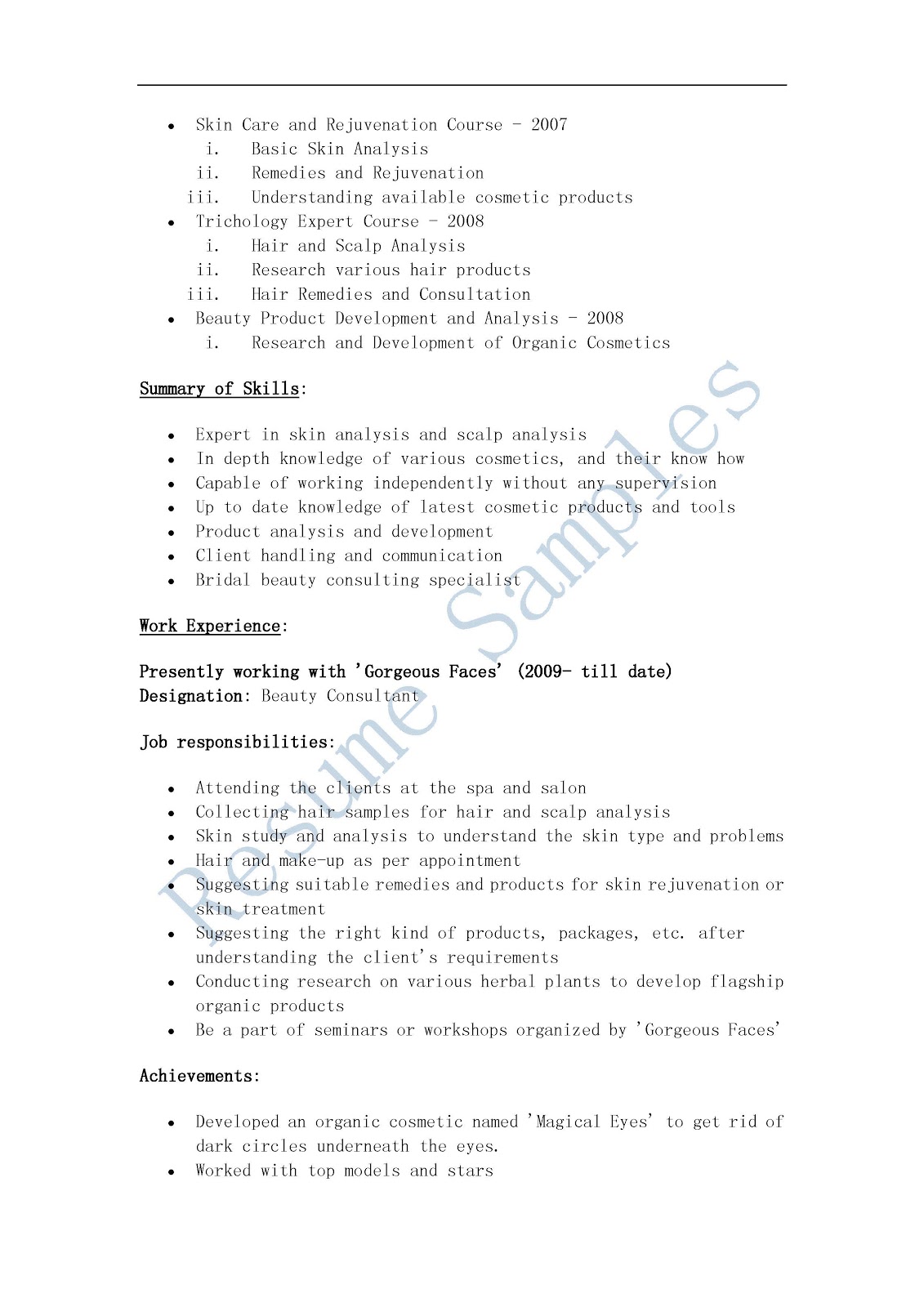 resume samples  beauty consultant resume