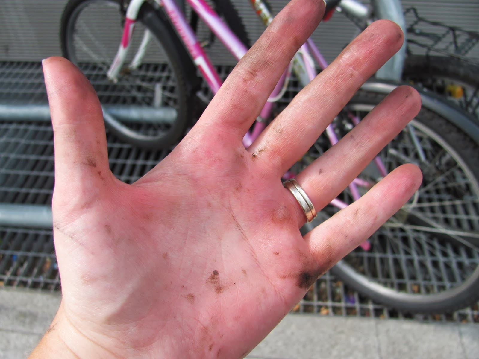 Greasy Hand A hand is stained with chain grease from a bicycle chain in Dun Laoghaire, Co. Dublin, Ireland