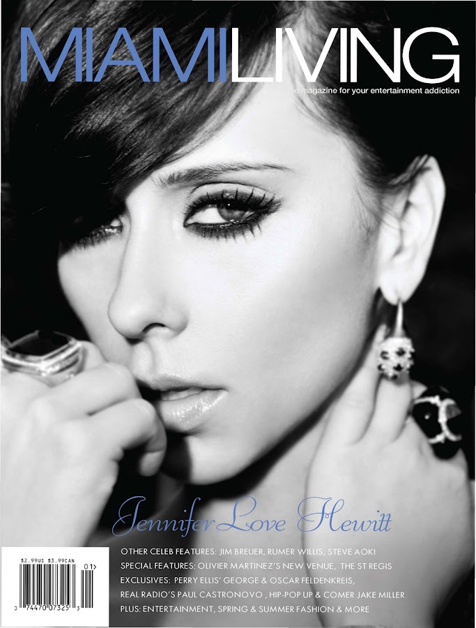 Jennifer Love Hewitt black and white photo on the cover of 2012 Miami Living Magazine