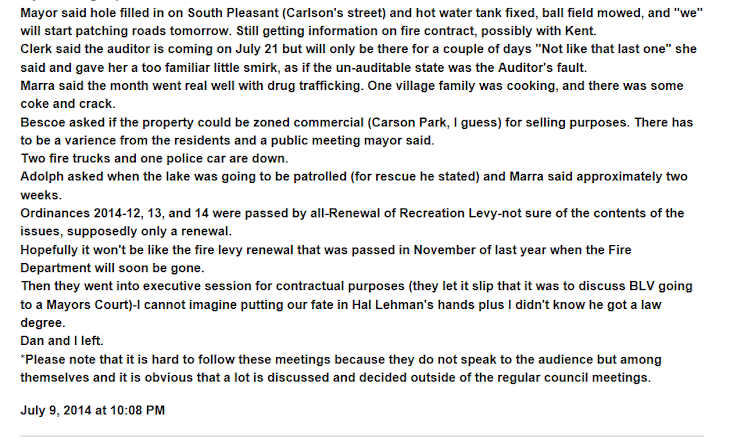 This is the 2nd half of the real 7/9/14 Brady Lake Village council meeting minutes.