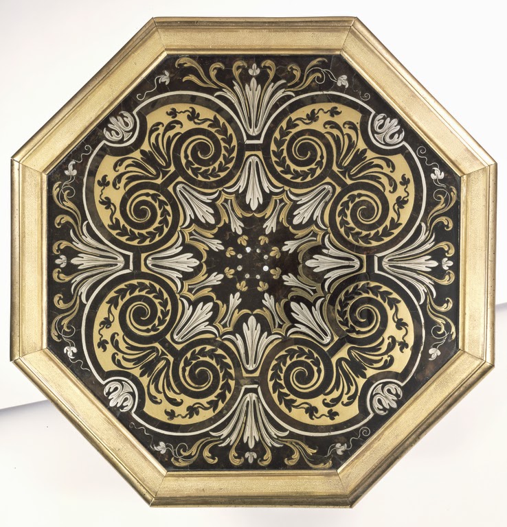 Pair of Gueridons, Attributed to André-Charles Boulle, about 1680, Oak veneered with ebony, tortoise shell, blue painted horn, brass, and pewter, and set with gilt bronze mounts