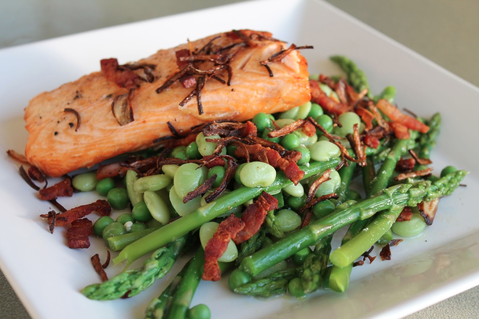Cook In / Dine Out Salmon with Asparagus, Lima Beans and Peas