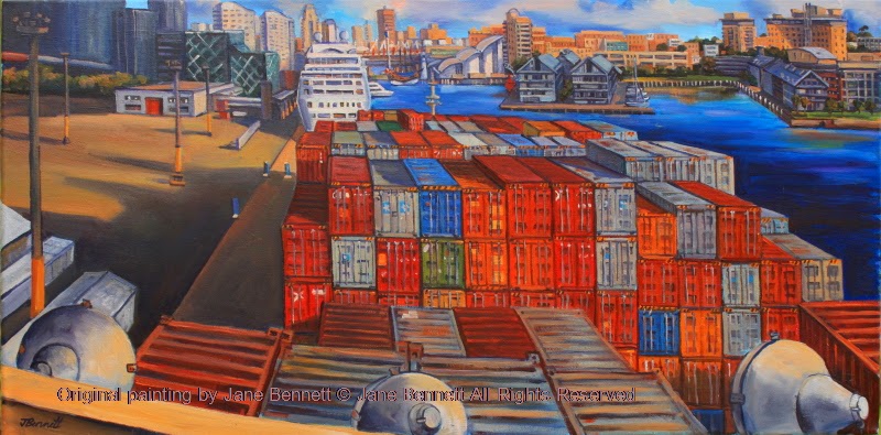 container ship 'Maersk Gateshead' at Barangaroo oil painting by artist Jane Bennett