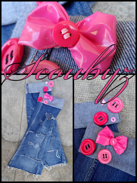 Guêtres en jeans Clair - Assortiment Noeud vinyles & boutons rose