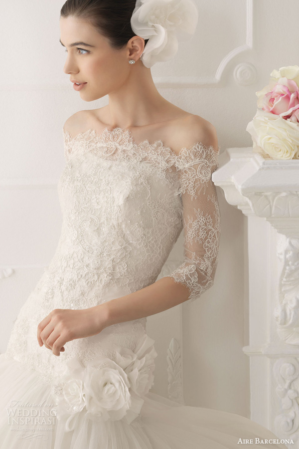 Aire Barcelona Vintage 2017 Bridal Collection Lace Wedding Dresses Shown With Off Sholder 3 4 Sleeve Lace Jacket