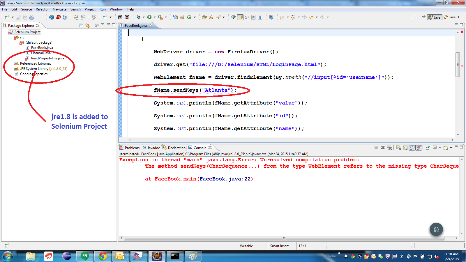 Gain Knowledge!! Error using sendKeys() with Selenium Driver due to java.lang.CharSequence