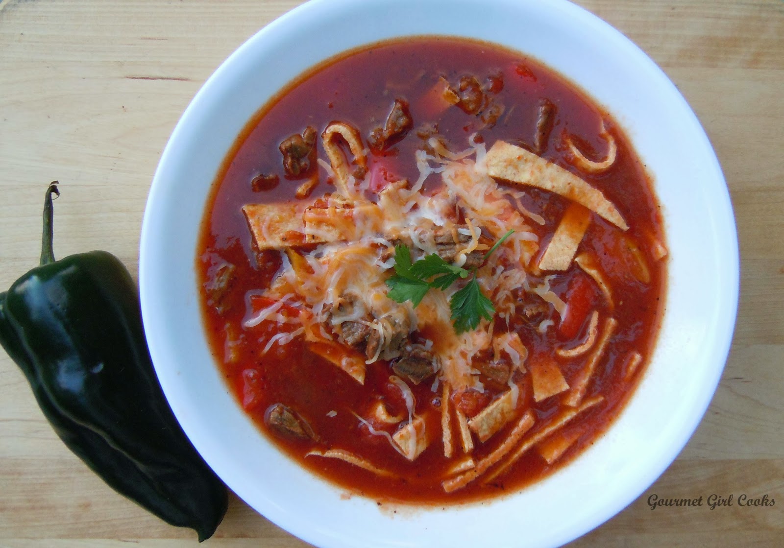 Gourmet Girl Cooks: Mexican Style Beef & Tortilla Noodle Soup