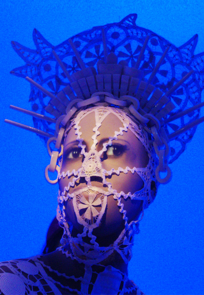 The Fashion World of Jean Paul Gaultier From the Sidewalk to the Catwalk exhibition, London Barbican 2014, Virgin Mary inspired Headdress 2007 Jean Paul Gaultier, Virgin Mary, Barbican