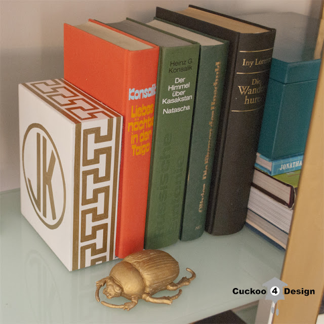 gold and white bookend gold and white, monogramed greek key bookend made by cuckoo4design