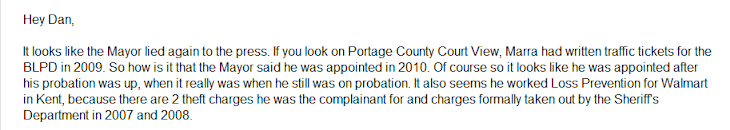 More proof Brady Lake Village mayor Hal Lehman is lying about BLV police chief John Marra.