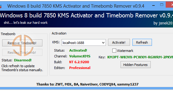 Windows 8 Build 7850 KMS Activator And Timebomb Remover 0.9.4 .rar