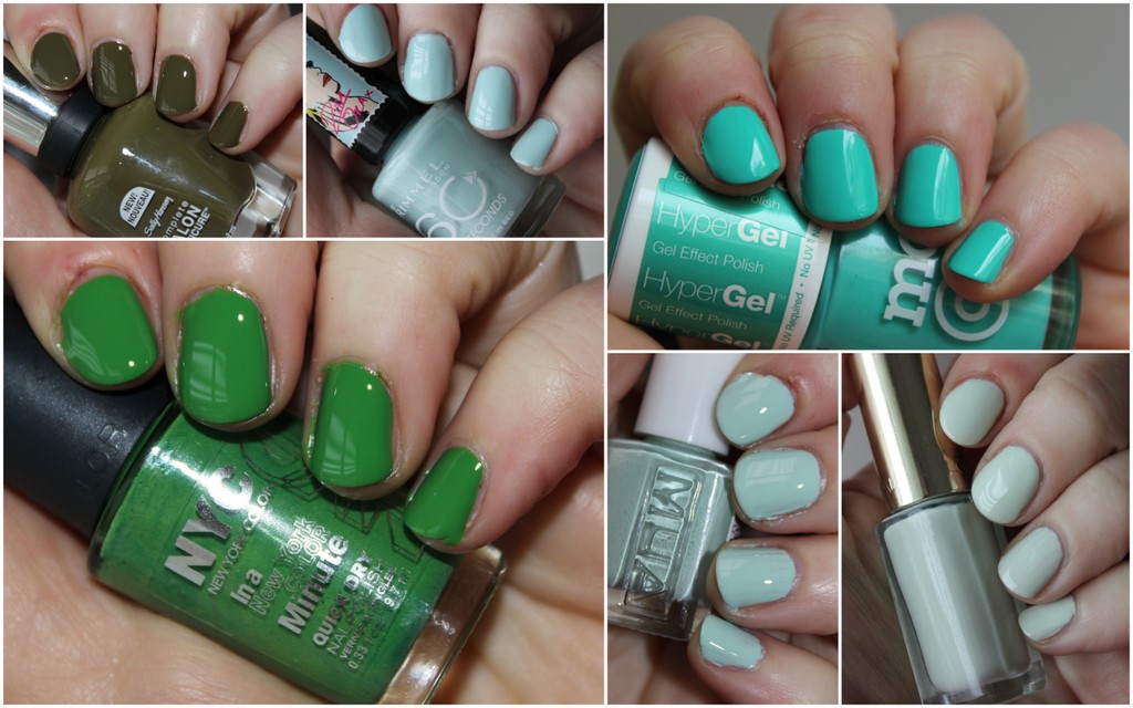 10 Green nail polishes, hanging on the wall Green polishes for St