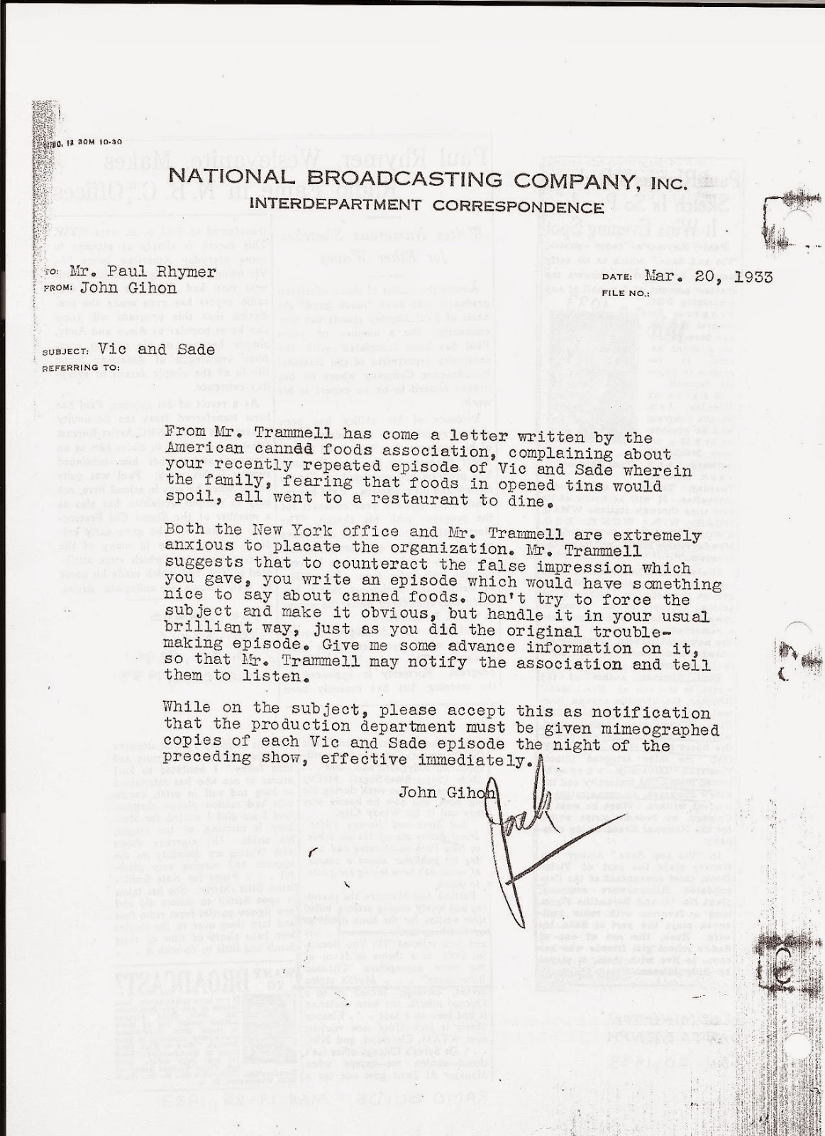 The 'Vic and Sade' Notebook Canned foods fiasco letter