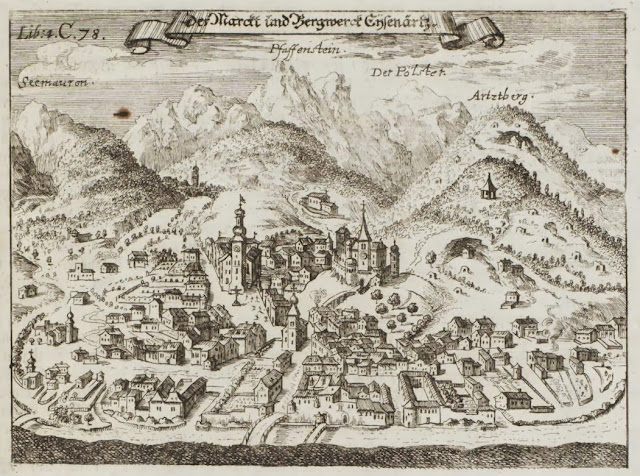 17th century engraving of rural village in Austria (Eisenerz)