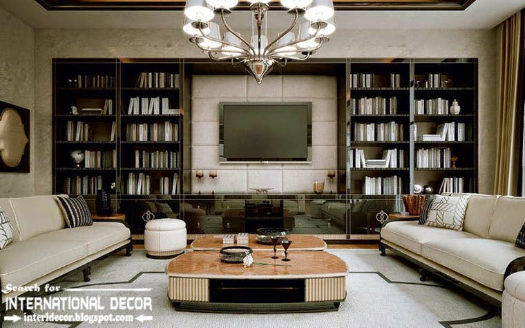 Stylish Art Deco interior design style and furniture with TV wall library