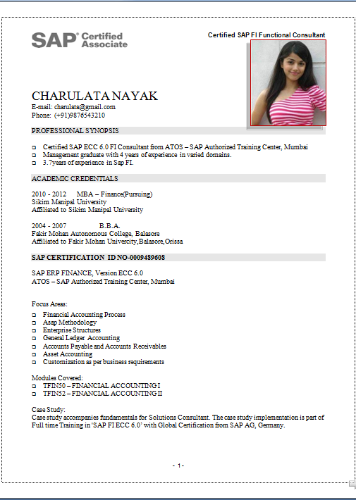 Sample resume for sap mm with fresher