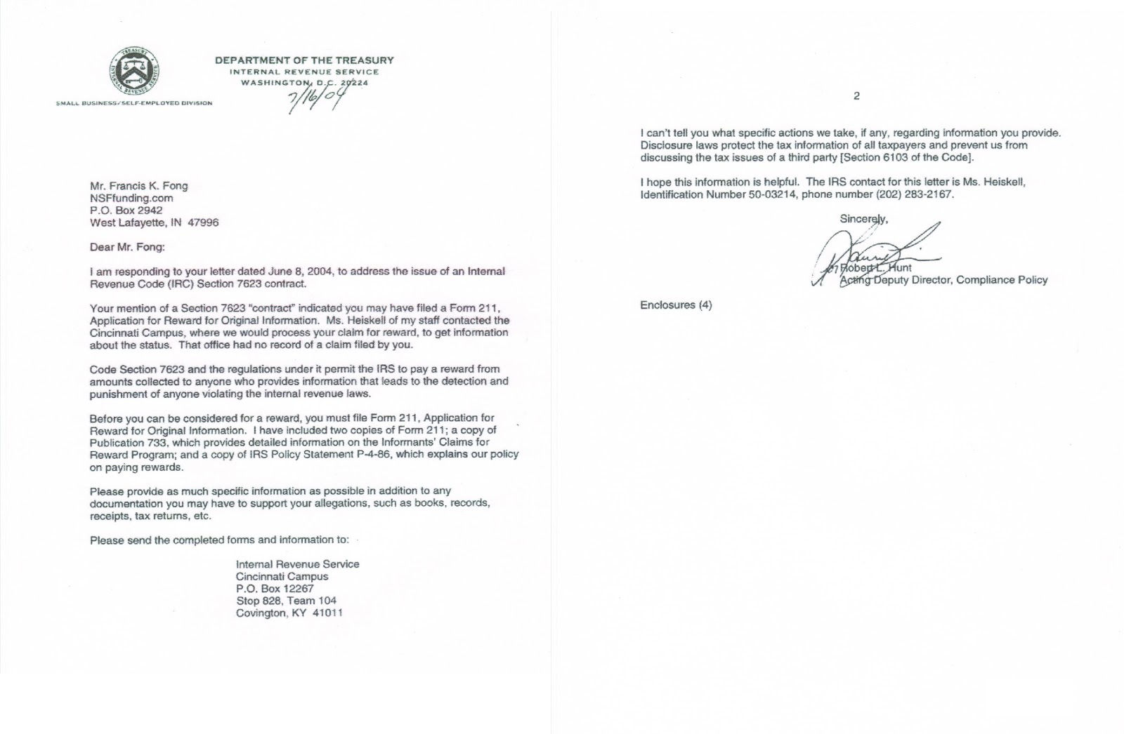 nsffunding coms contract with treasury crafted by acting chief irs form 211