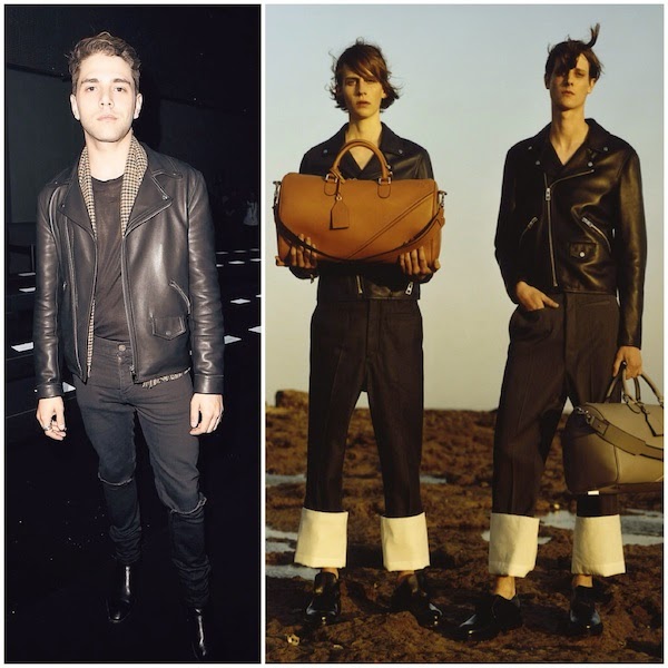 Xavier Dolan wears Loewe black leather biker jacket at Paris Fashion Week
