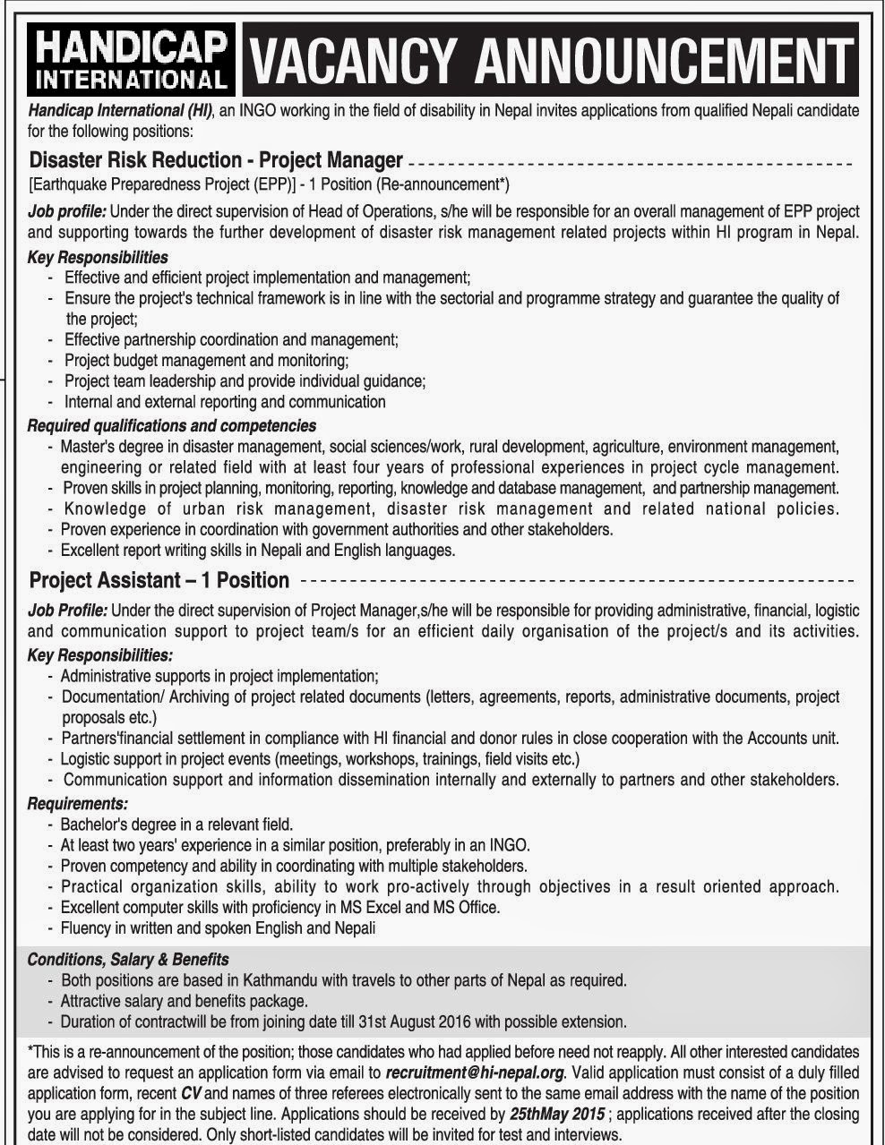 INGO Job Vacancy Handicap International Jobs in Nepal