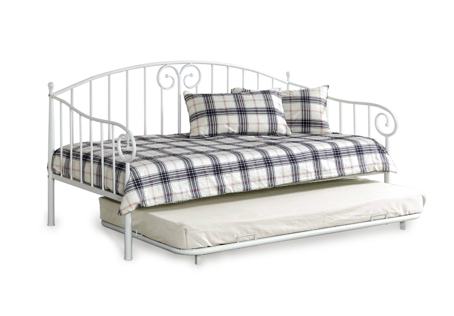 White Metal Frame Daybed with Trundle Roll Out & Pop Up Trundles