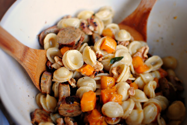 Roasted Butternut Squash, Sausage and Orecchiette Pasta in a Brown Butter Sage Sauce l SimplyScratch.com