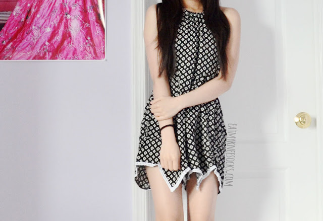 Wholesalebuying Fashion Review: Printed Cutout Romper A boho-chic summer outfit featuring a printed lace-trim geometric cutout halter asymmetric romper from Wholesalebuying and spiked black platform Jeffrey Campbell Lita dupe booties.