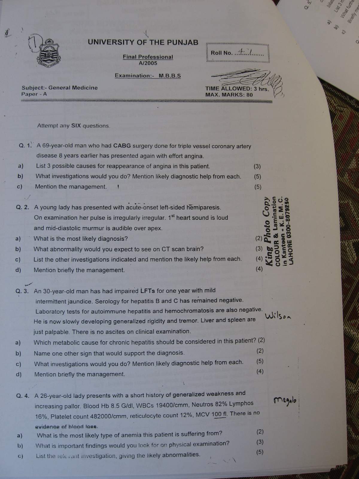 Final Year Prof Medicine A Past papers