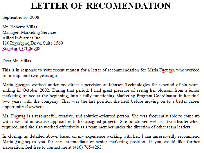 Help with letter of recommendation objective