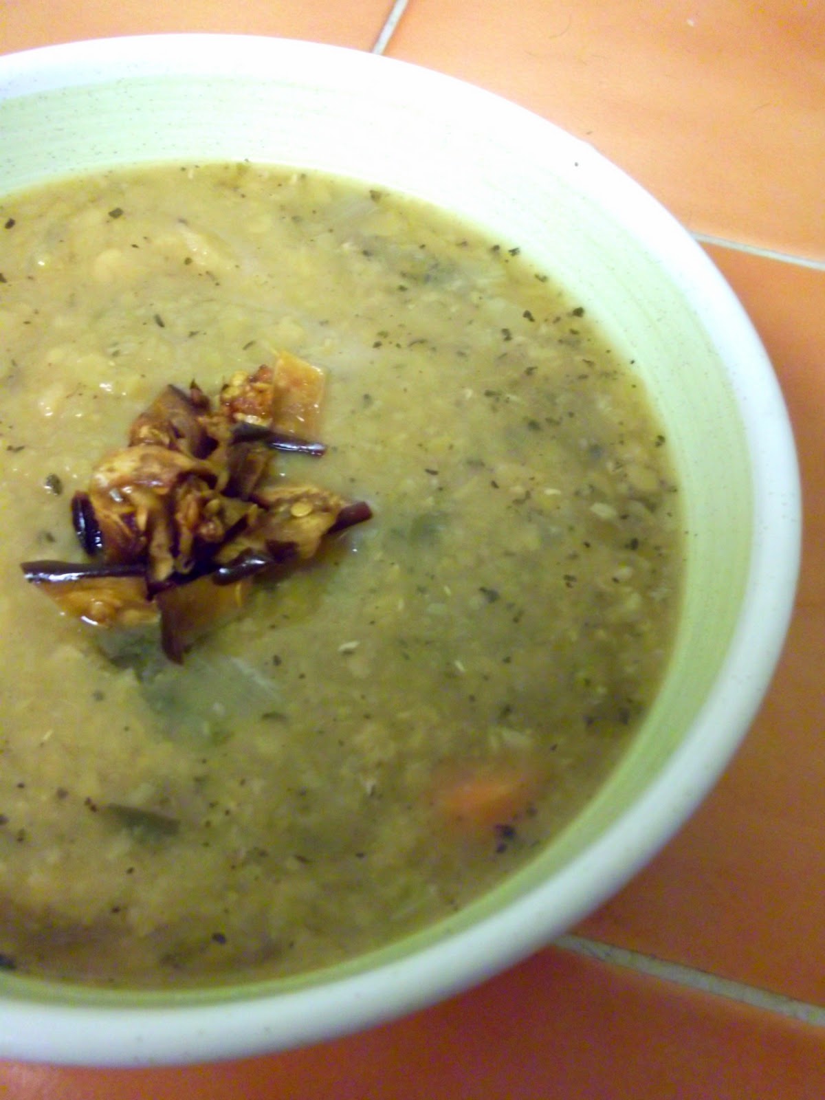 Julia's (Vegan) Kitchen Split Pea Soup with Eggplant Bacon