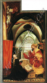 As is common in scenes of the Annunciation, the Virgin's book is open at the passage from the Book of Isaiah in the Old Testament foretelling her divine favour Ecce virgo concipiet et pariet filium (Behold a virgin shall conceive and bear a son). Isaiah himself is represented at top left with his book of prophecies. There is a similarity in the poses of the Virgin and the angel here and the Virgin and St John in the Crucifixion, even though the mood is quite different. As is common in scenes of the Annunciation, the Virgin's book is open at the passage from the Book of Isaiah in the Old Testament foretelling her divine favour Ecce virgo concipiet et pariet filium (Behold a virgin shall conceive and bear a son). Isaiah himself is represented at top left with his book of prophecies. There is a similarity in the poses of the Virgin and the angel here and the Virgin and St John in the Crucifixion, even though the mood is quite different.