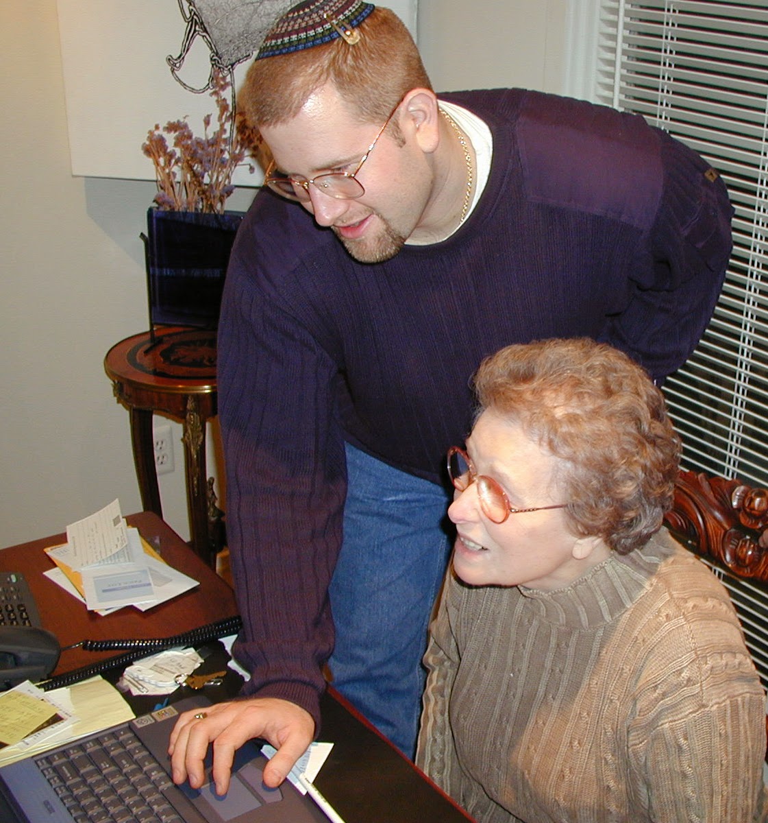 Adele Gudes and Rabbi Jason Miller Using Computer 2001