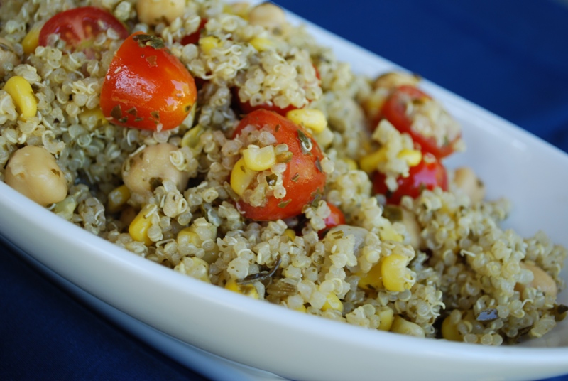 Hearty Helpings Pesto Quinoa with Corn and Tomatoes