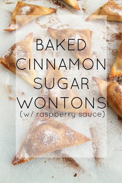 such an easy recipe! baked cinnamon sugar cream cheese wontons with a tangy raspberry dipping sauce!