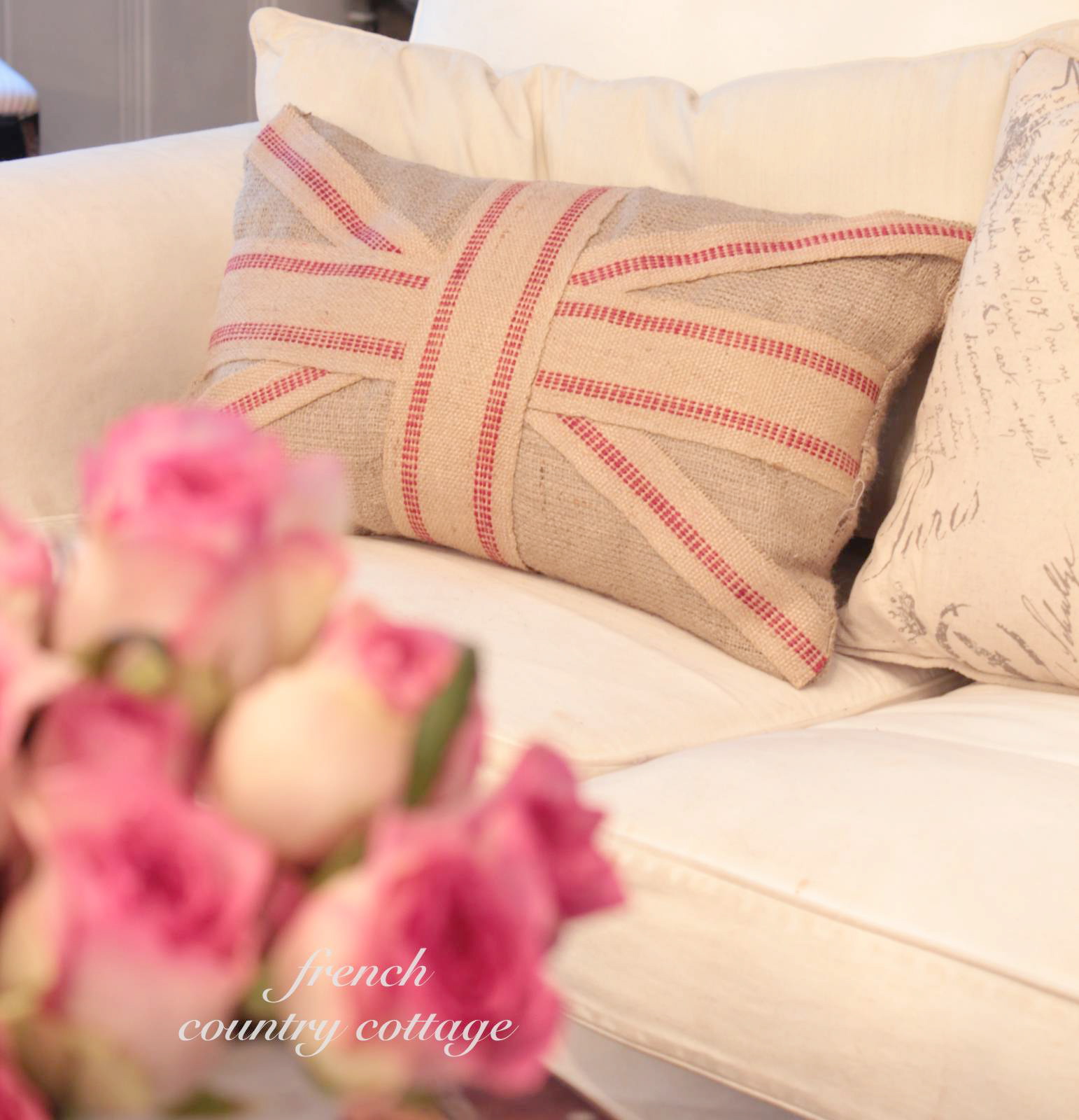 Burlap Union Jack Pillows FRENCH COUNTRY COTTAGE