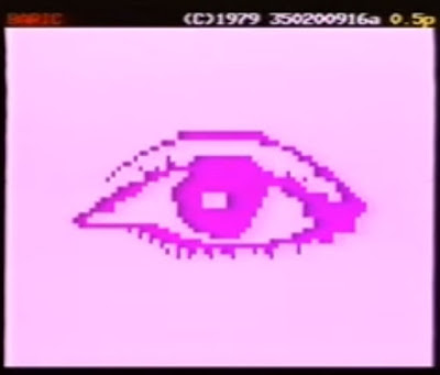 Prestel graphics. A purple ey on a pink background. 1979.