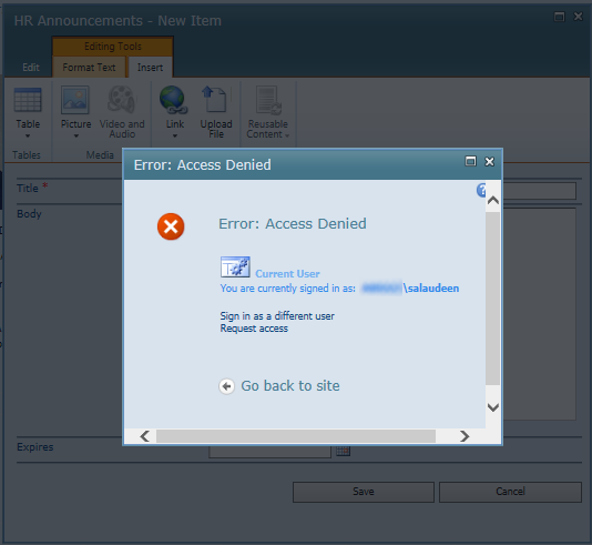 access denied error on insert picture link upload file in sharepoint