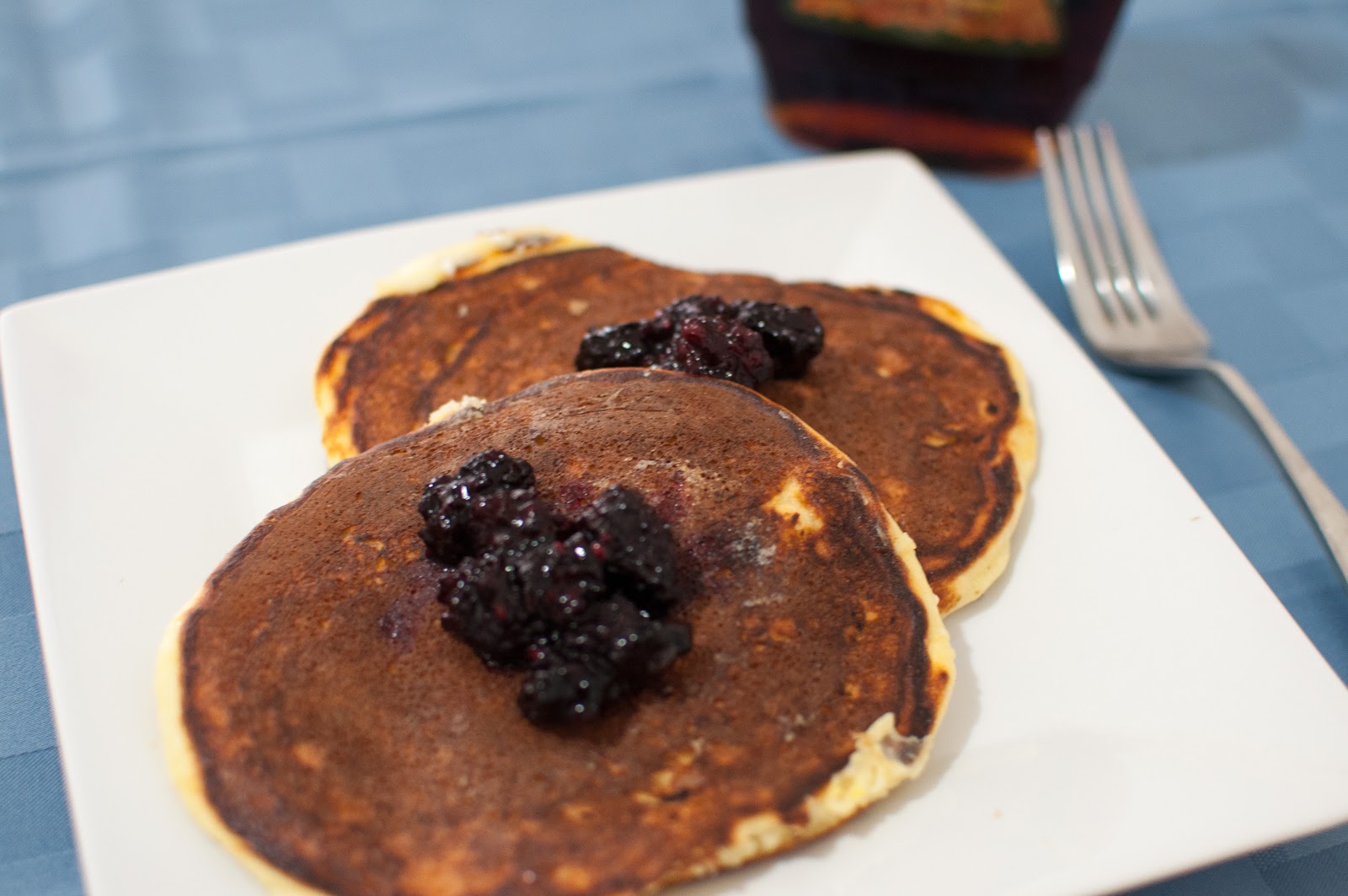not quite gourmet Cottage Cheese and Yogurt Pancakes with Blackberry