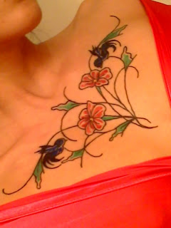 Flowers and Birds Female Chest Tattoo Design