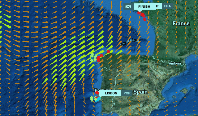 graphic of Volvo Ocean Race, Leg 8 - Lisbon to Lorient, Positions at: 7 June 15:43 UTC